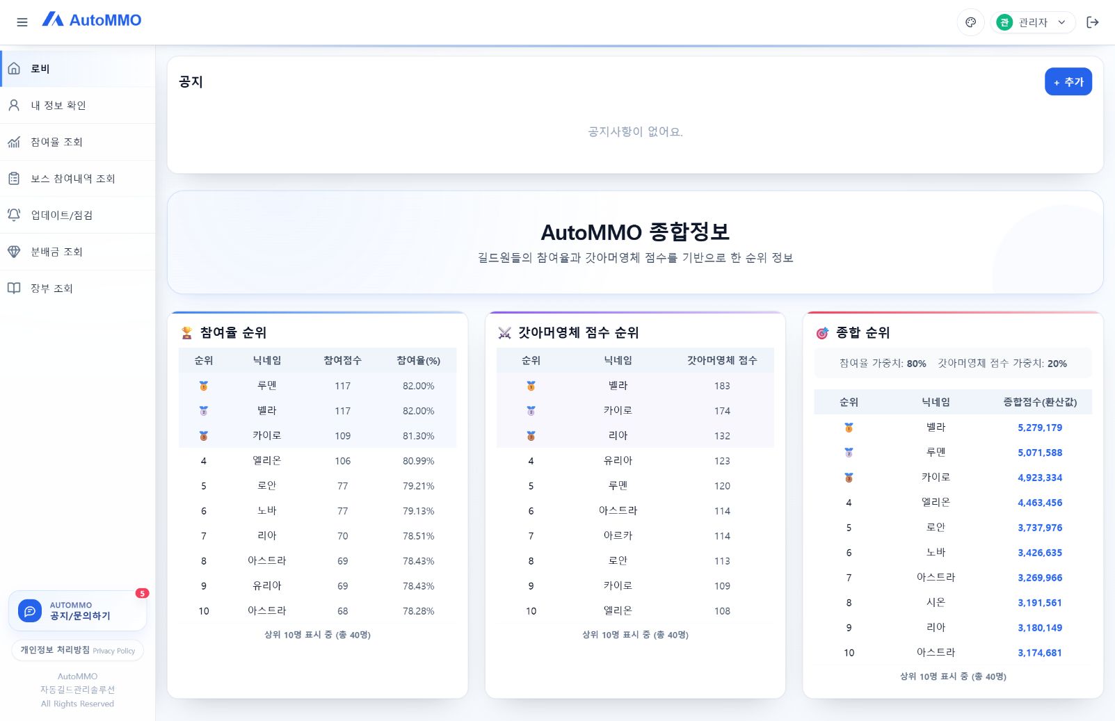 로비 PC 공개용 예시 화면